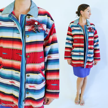 1980s Red Blue Striped Coat| 80s Western Jacket | Woolrich | Large 