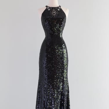 Vintage ICONIC Black Liquid Sequin Hourglass Evening Gown / Med.