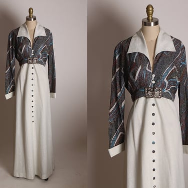 1970’s White, Black, Dark Purple and Blue Swirl Marbled Lurex Print Long Sleeve Dagger Collar Formal Dress -L 
