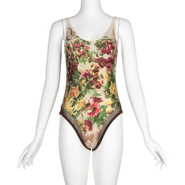 Jean Paul Gaultier Vintage SS 1999 Botanical Floral Print and Fishnet Swimsuit