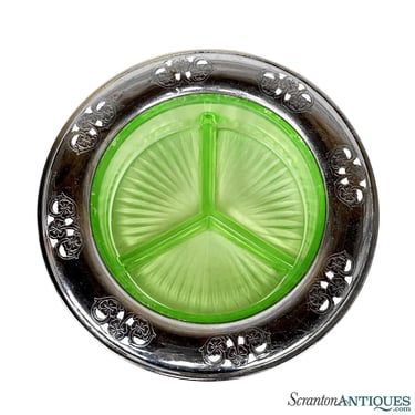 Vintage Uranium Green Vaseline Glass Divided Condiment Serving Bowl