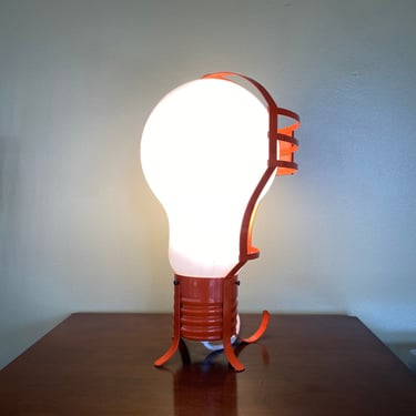 Midcentury Modern Post Modern Pop Art Oversized Lightbulb Hanging Lamp or Table Lamp in Orange Metal 