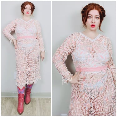 Vintage Lim's Cotton Pink and Cream Floral Crochet Dress Sheer Elastic Romantic Wiggle Dress Victorian / Size Medium - XL 