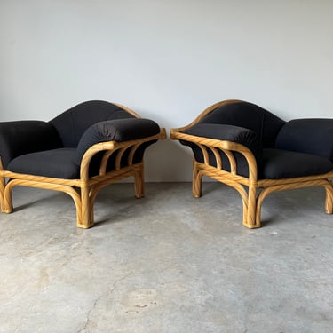 Oversized McGuire - Style Twisted  Rattan Arm Lounge Chairs - A Pair 