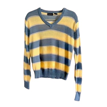 70s Striped Sweater, Vintage 60s V-Neck Sweater, Retro Grunge Kurt Cobain Shirt Yellow Blue Thick Stripe Pullover Sweater, Men's Jumper 