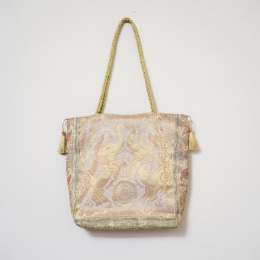 1990s Bohemian Elephant Metallic Gold Bag with Rope & Tassel Zip Up Purse 