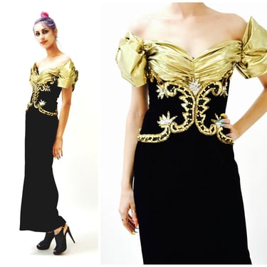 Vintage 80s Prom Dress Black Gold Evening Gown Velvet XS Small// Vintage Black gold metallic Sequin Dress Pageant Alyce Designs XS Small 