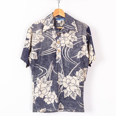 70s 80s Ocean Pacific Hawaiian Floral Shirt - Men's Small, Women's Medium | Vintage Faded Blue OP Button Up Aloha Polo Shirt 