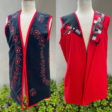 Vintage funky boho red black reversible cotton vest Sz M/L by Birdworks Artwear. Handmade, label in underarm, good condition Measurements Sh 