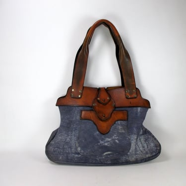 Vintage Bohemian Leather Hippie Bag 1960s Handcrafted Shoulder Bag Double Strap Blue Leather Purse w/ Brown Trim Large Leather 60s Handbag 