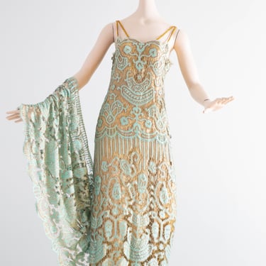 Museum Quality Rare 1920's Sally Milgrim Egyptian Revival Couture Evening Dress With Train / SM