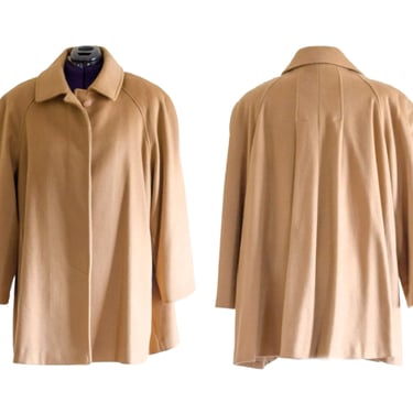 Camel color wool swing coat with large shoulder pads 