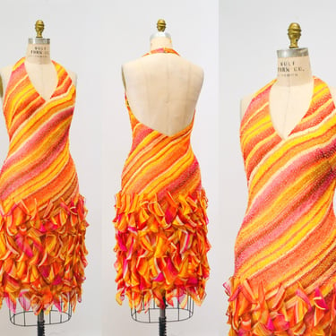 Vintage 00s Y2K Silk Bias Cut Dress Small Medium Pink Orange Yellow Silk Beaded Bias Cut Halter Neck Club Dress Wedding Ruffle Prom Dress 