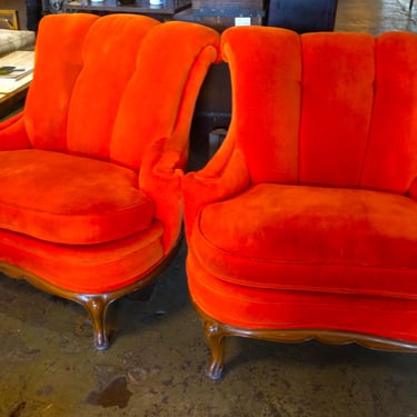 Bright Orange Velvet Shell Chair Pair