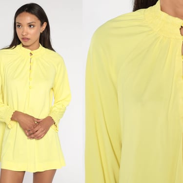 70s Yellow Blouse Cole Of California Top Smocked Button Up Shirt 1970s Mod Longline Vintage Long Raglan Sleeve Plain Nylon Medium Large 