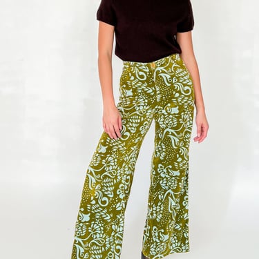 Green Velvet Floral Print Pants (S-M)