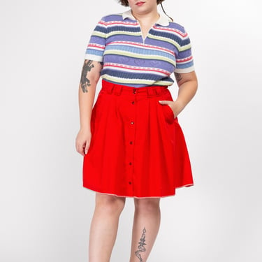 Large 80s Red Button Front Mini Skater Skirt | Vintage Pleated High Waisted Preppy Miniskirt 