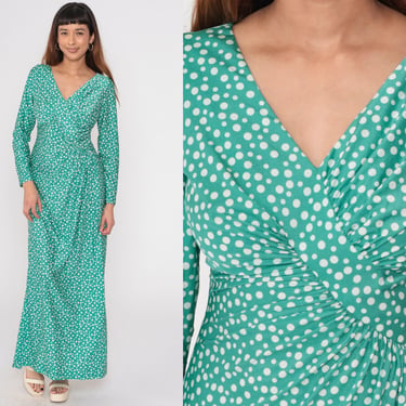 Polka Dot Dress 70s Green Maxi Dress Asymmetrical Long Sleeve Retro Long Day Dress Feminine Draped Seventies Vintage 1970s Small Medium 
