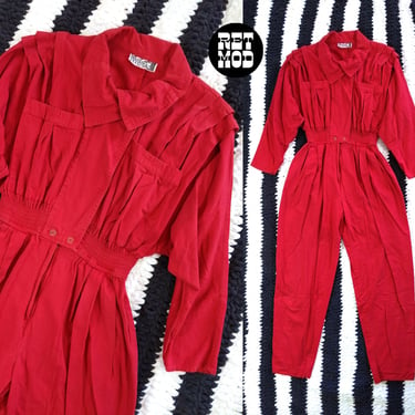 Rad Vintage 80s Red Cotton Geometric Origami Jumpsuit by Foxy Lady with Pockets 