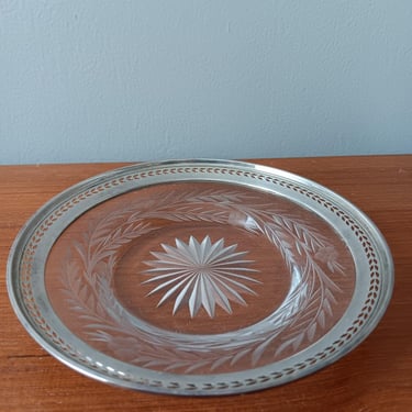 English Etched Glass Dish with Sterling Silver Rim 