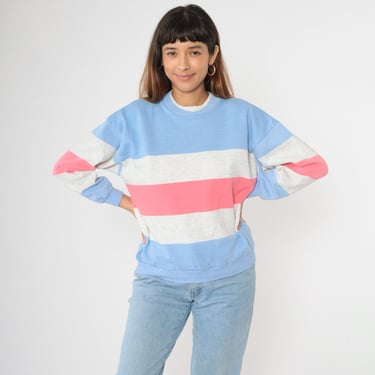 Vintage Color Block Sweatshirt 80s 90s Blue Hot Pink Striped Sweater Grey Sportswear Crewneck Pullover Retro Ms MacGregor Sport Small 