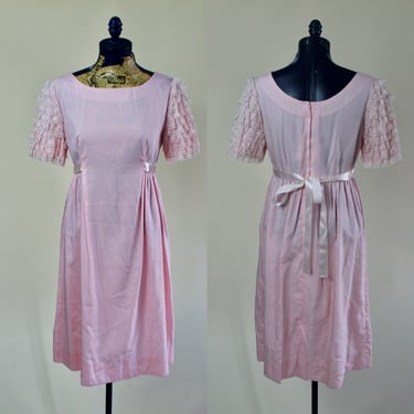 1960s Pastel Pink Babydoll Style Dress with Lace Tiered Sleeves. Medium. By Copperhive Vintage. 