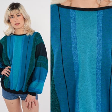 Striped Sweater 80s Dolman Sleeve Sweater Blue Knit Slouch Green Black 1980s Jumper Ringer Batwing Vintage Pullover Retro Medium Large 