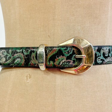 1980s Black Paisley Leather Belt | 80s Black Faux Leather Floral Belt | Doncaster | M 