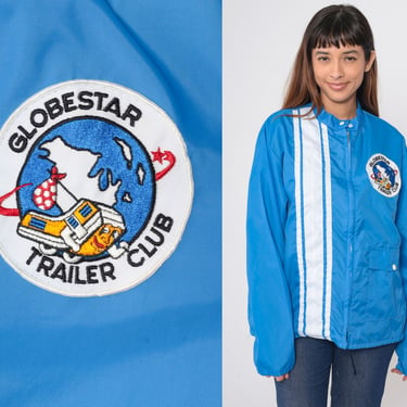 Globestar Trailer Club Windbreaker Jacket Vintage 70s Travel Trailer Jacket Sports Blue Work Uniform Jacket 1970s Lightweight Retro Large L 