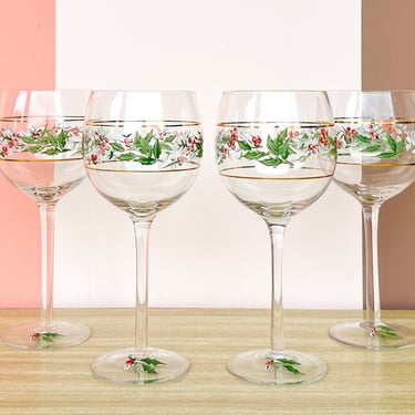 Set of Four Hand Painted Holly Stemware