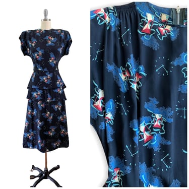40s Time Traveler Rayon Dress / 1940s Vintage Novelty Print Dress / Medium / Size 8 