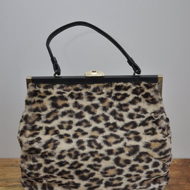 1960s faux fur leopard print oversized bag purse 