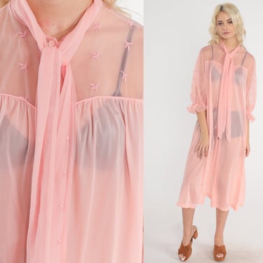 Sheer Pink Robe 70s Lingerie Robe Embroidered Open Tie Front Midi Peignoir Long Nightgown Button up Pastel 1970s Vintage Vanity Fair Medium 