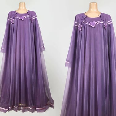 VINTAGE 60s Dusty Purple Chiffon Peignoir Set | Full Sweep Double Nylon Nightgown and Robe | Wedding Bridal Lingerie | VFG 