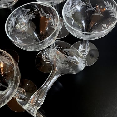 7 Hollow Stem, Wide Mouth or Coupe Champagne Glasses with Hand Cut Floral Design - New Year's Eve or Wedding Toasting Glassware, Cocktails 