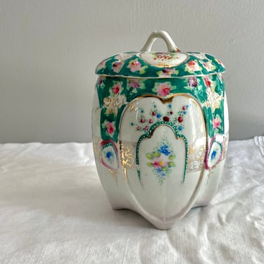 Vintage, Hand Painted Porcelain, Biscuit or Cookie Jar, Victorian Grand Millennial, Floral, Jade Green, Aster Rose Daisy Flowers 
