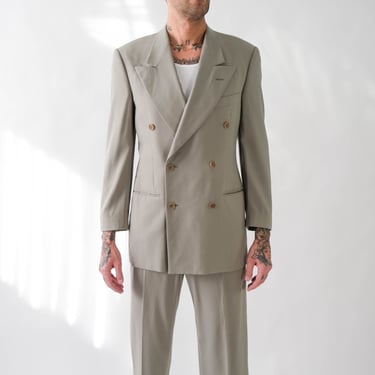 Vintage 80s Giorgio Armani Le Collezioni Sage Green Gabardine Double Breasted Suit | Made in Italy | Size 39 | 1980s Armani Designer Suit 