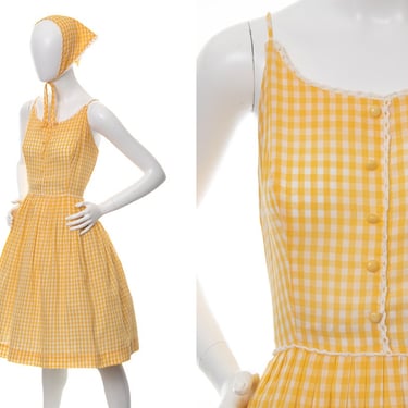Vintage 1960s Sundress Set | 60s Yellow Gingham Printed Cotton Spaghetti Strap Fit and Flare Day Dress with Head Scarf Bandana (medium) 