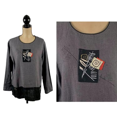 90s Long Sleeve Linen Boxy Top | Black + Dark Gray Blouse Medium | Casual Applique Color Block Tunic | 1990s Clothes Women Vintage by FENINI 