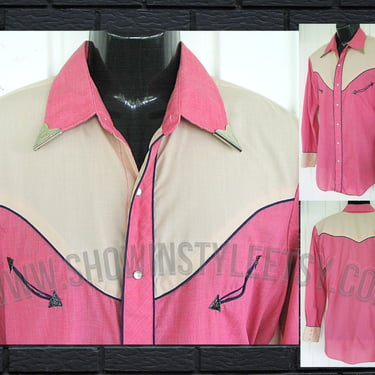 Vintage Western Men's Cowboy and Rodeo Shirt by Jandy Place, Traditionally Styled in Pink & Beige, Tag  Size Large (see meas. photo) 