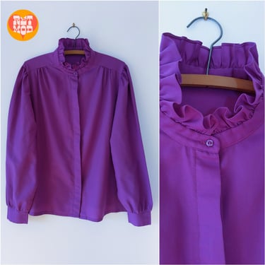 Sweet Vintage 70s 80s Purple Ruffle Long Sleeve Button Down Blouse - PLUS SIZE 