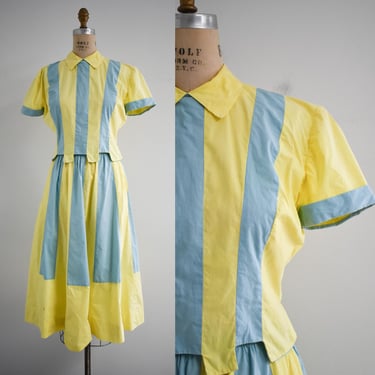 1950s Doris Dodson Yellow and Aqua Blouse and Skirt Set 