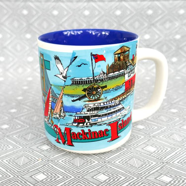 Vintage 1993 Mackinac Island Mug - Coffee Cup - Mighty Mac Bridge, Ferry, Fort Mackinac - Vintage 1990s Michigan Tourist Souvenir 