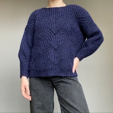Sezane Navy Blue Wool Mohair Round Neck Light Weight Sheer Sweater Sz S 