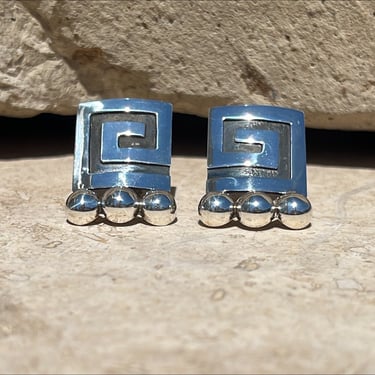 Vintage Nestor ~ Mexican Sterling Silver Greek Key Design Screw Back Earrings with Half Globes at Bottom 