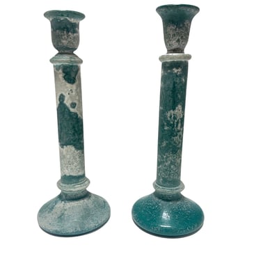 Vintage Candlesticks Turquoise Glass Frosted, Pair 