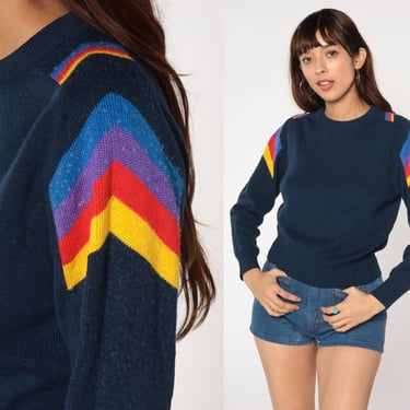 80s Sweater Navy Blue Rainbow Striped Sweater Retro Hippie Boho Knit Pullover Crewneck Jumper Wool Blend Basic 70s Vintage Small Medium 