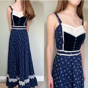 Gunne Sax | Size 13 | 1970s Vintage Blue Maxi Prairie Homespun Halter Dress 