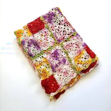 Vintage 60s 70s Rainbow Granny Square Crochet Blanket Floral Throw Colorful Afghan 