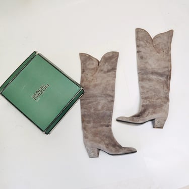 1980s Vintage Knee High Boots Size 38 7  7 1/2 by Maud Frizon Grey Leather Suede Boots High Heel Knee High Studded Grey Suede Leather Boots 